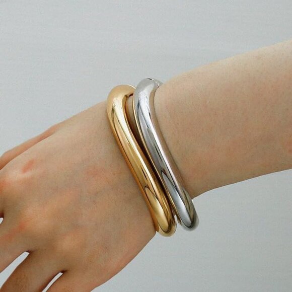 Gold Plated Cuff Bangle Bracelets Set Chunky Hinged Minimalist Jewelry - Picture 3 of 7